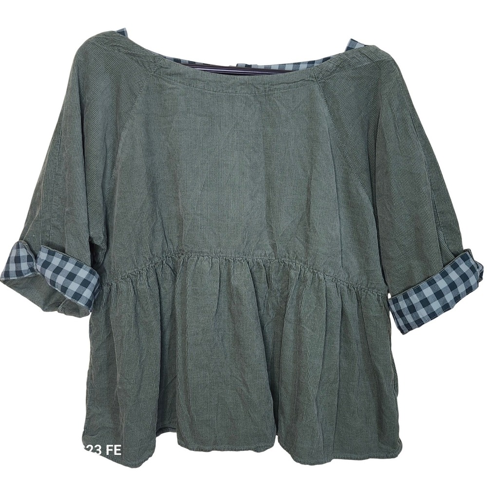 Maeve Maria Small Top Sage Green Corduroy Gingham Trim Babydoll Button Back Fall